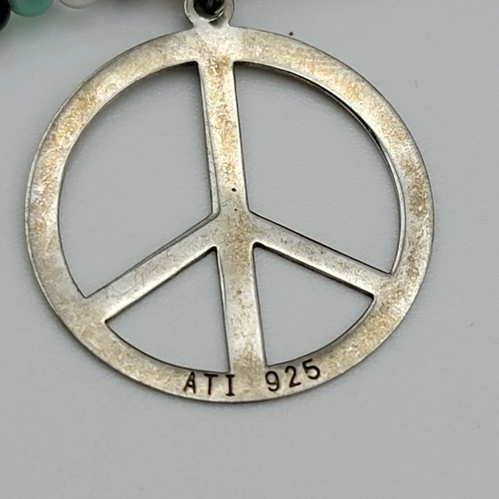 ATI 925 Sterling Silver PEACE SIGN Pendant Multicolor Glass Seed Bead Necklace